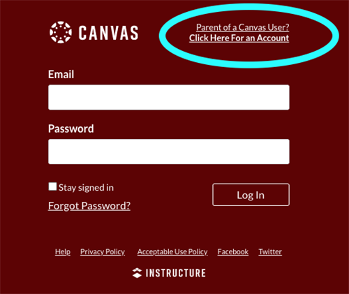 Screenshot of Canvas login for parents showing top right account creation link